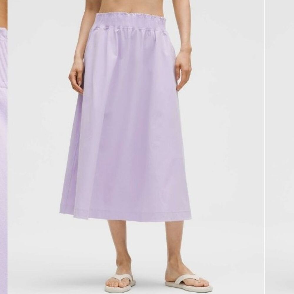 Lululemon stretch woven ruffle waist midi skirt lavendar frost new large